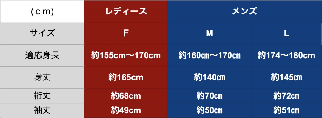 奈良クラブオリジナル浴衣サイズ表